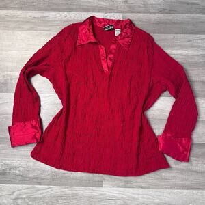 Vintage Office Siren Red Blouse Satin Cuffs and Collar Plus Size